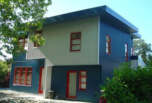 A modern house with industrial metal siding