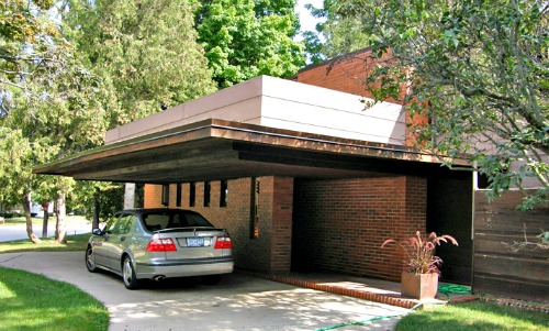 Car port on the side of the Bernard Schwarz house designed by Frank Lloyd Wright.